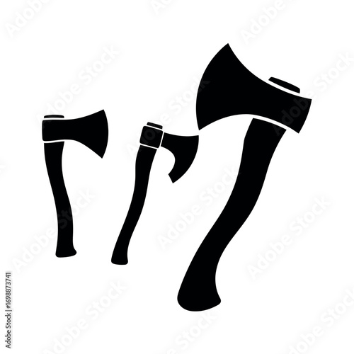 Three black silhouette axes of varying sizes on white background