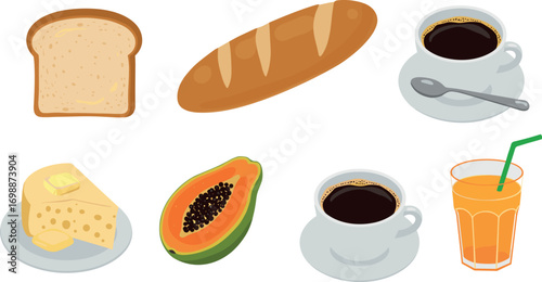 Breakfast still life with bread, coffee, papaya, cheese, and orange juice on transparent background