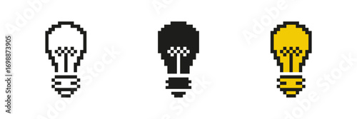Pixelated Lightbulb Icon Set. Idea and Creativity Symbol in Pixel Art Style. Innovation, Energy, and Bright Ideas. Inspiration and Creative Thought. Isolated Vector Illustration