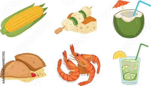 Cartoon illustration of various foods and drinks: corn, skewer, coconut drink, empanadas, shrimp, and cocktail on transparent background
