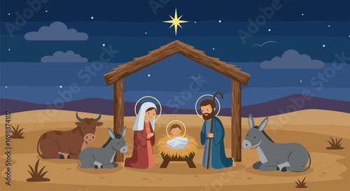 Nativity scene with baby jesus, mary, joseph, animals, and star on transparent background
