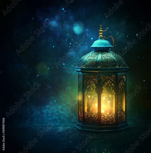 Intricate Ornamental Lantern Glows With Warm Light During Ramadan on a Dark N...