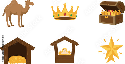 Nativity scene elements: camel, crown, treasure chest, manger, baby jesus, star on transparent background