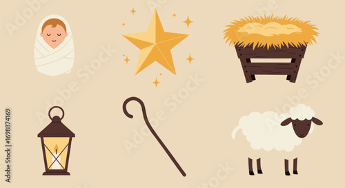 Nativity scene elements: baby jesus, star, manger, lantern, shepherd's crook, and sheep on transparent background