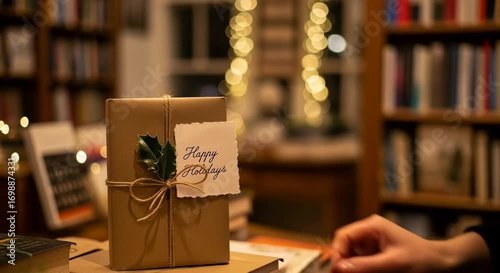 Bookstore clerk placing a hand-written holiday note into a wrapped book