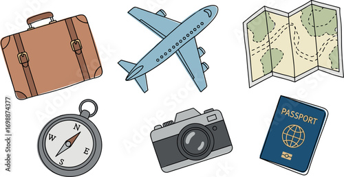 Illustrated travel items: suitcase, airplane, map, compass, camera, and passport on transparent background