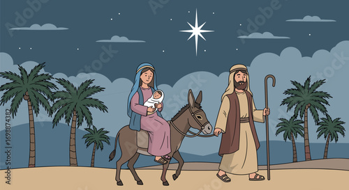Nativity scene depicting mary, joseph, and baby jesus on a donkey on transparent background
