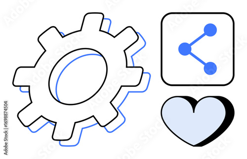 Gear symbol, heart, and share icon combine to suggest teamwork, technology, connectivity, innovation, collaboration, creativity and relationship dynamics. Ideal for workflow teamwork digital
