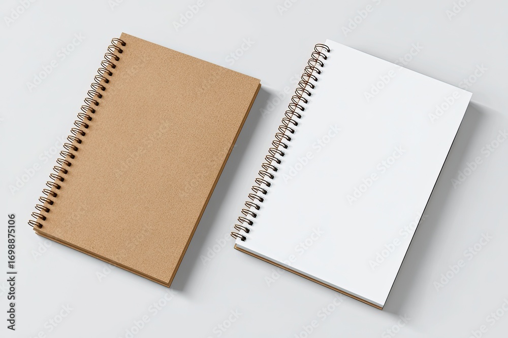 Two spiral-bound notebooks, one brown, one white, lie side-by-side on a light gray surface Two spiral-bound notebooks, one brown, one white, lie side-by-side on a light gray surface