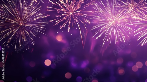 Purple and Gold Fireworks Explode in the Night Sky During New Year Celebration