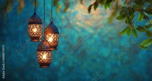 Two Illuminated Arabic Lanterns Hanging From Branches Against a Blurred Night...
