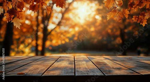 Wooden Plank Surface With Bright Autumn Foliage in the Background at Golden Hour