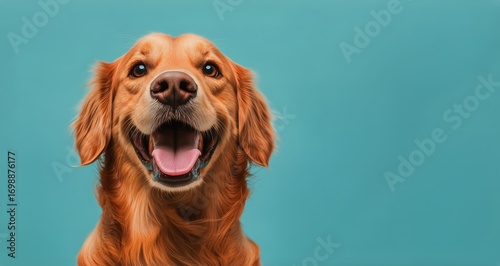 Happy Golden Retriever is Smiling and Looking Forward on a Blue Background.