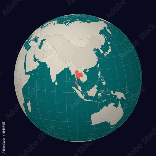 Thailand on the map. Globe centered to Thailand. Country location on the world map. Teal Pale Mint color palette. Globe with countries, meridians and parallels. Modern vector illustration.