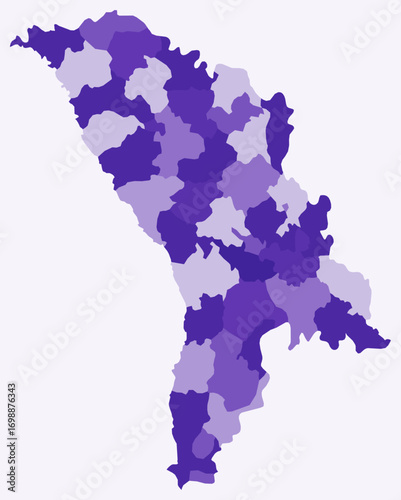 Map of Moldova with regions. Just a simple country border map with region division. Deep purple color palette. Flat Republic of Moldova shape with administrative division. Vector illustration.