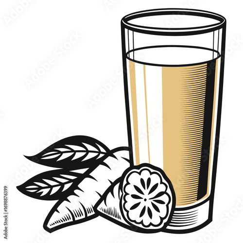 Glass of carrot juice with fresh carrots and leaves on white background  