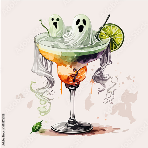 Ghostly Margarita Vector Cocktail Collection with Cute Spirits and Spooky Garnishes