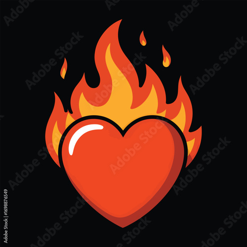 Vector illustration of a burning red heart with flames, symbolizing passion and intense desire