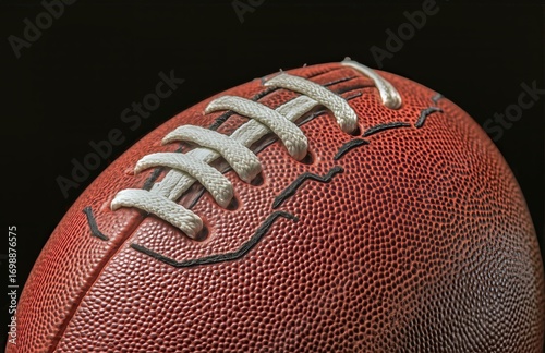 Close up of an American Football With Leather Texture and White Laces on a Bl...