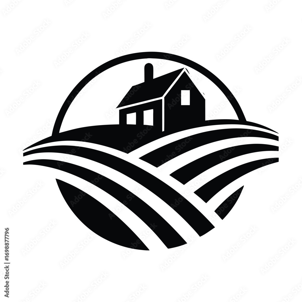 Naklejka premium Farming Logo with Barn and Rolling Hills 