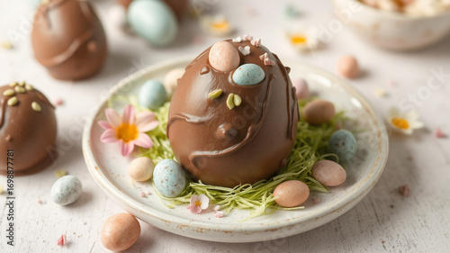 Chocolate easter eggs dessert recipe ideas for spring holiday celebration and decoration concept