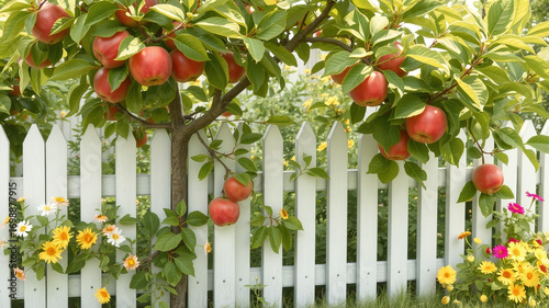 Red apples on tree near white picket fence with flowers home garden backyard nature fresh fruit harvest