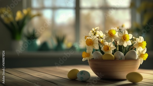 Easter Flowers and Colored Eggs Arrangement in a Wooden Bowl by the Window