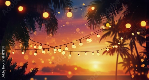 Tropical Sunset Beach Scene With Lights and Palm Trees Creating Relaxing Atmo...