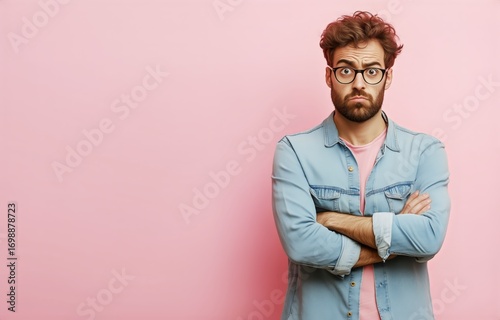 Man With Glasses Looks Suspicious With Arms Crossed on Pink Background
