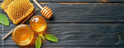 Golden Honey in Jars, Honeycombs, and Dipper Lie on a Dark Wooden Table