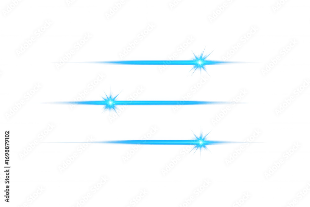 Fototapeta premium Horizontal blue laser beams with lens flare creating a futuristic and technological effect on a transparent background