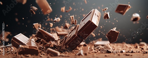 Chunks of Delicious Dark Chocolate Pieces Are Suspended in the Air.