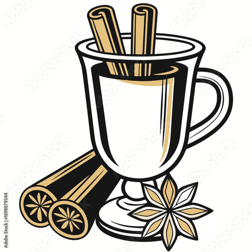 Mulled wine with cinnamon sticks and star anise in glass cup  