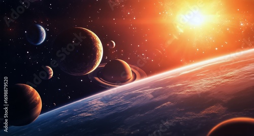 Oranges Hues and Several Planets Among the Stars, Sun and Nebula, in Outer Space