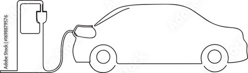 Electric car at charging stations continuous one continuous line art, Vector illustration, One line art, Line art graphic style.