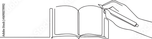 Fotografía hand writing in book continuous one continuous line art, Vector illustration, One line art, Line art graphic style