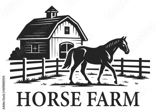 A horse walks in a levada against the background of a stable