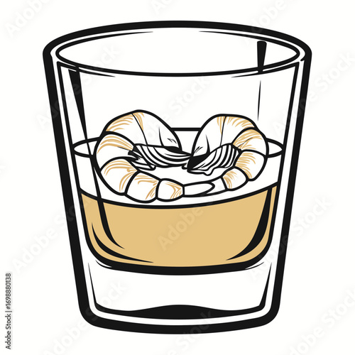 Shrimp cocktail in a glass with sauce on white background concept of icon  
