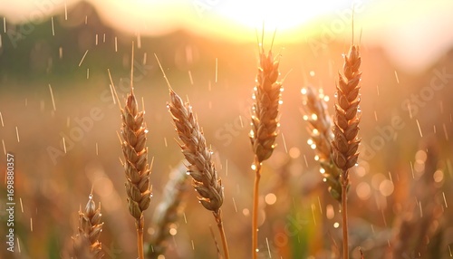 Golden wheat field at sunset rain