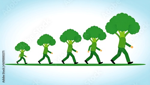 Growing progressively larger, individuals carry broccoli heads, illustrating growth and healthy eating.