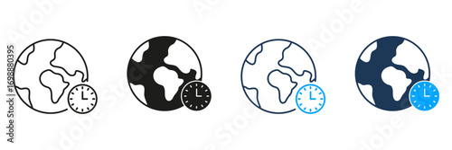 World Clock Line And Solid Icon Set. Global Time Zones, International Scheduling, And Worldwide Time Management Symbol Collection. Earth And Clock Silhouette Design. Isolated Vector Illustration