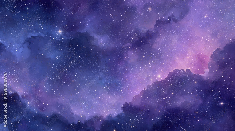 Fototapeta premium A swirling expanse of cosmic dust and gas in deep purples and pinks, illuminated by a multitude of twinkling stars, forming a mesmerizing and colorful galactic cloud