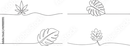 4 Monstera Leaf continuous one continuous line art, Vector illustration, One line art, Line art graphic style.