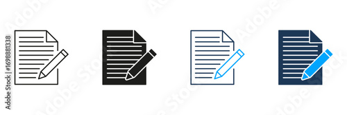 Document With Pencil Line And Solid Icon Set. Writing, Editing, And Note-Taking Symbol Collection. Office, Education, And Creative Projects. Isolated Vector Illustration