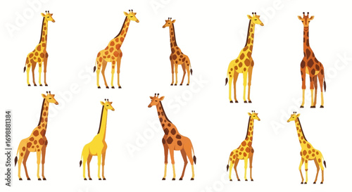 Collection of stylized cartoon giraffes in various standing poses with distinctive yellow and brown spotted coats.