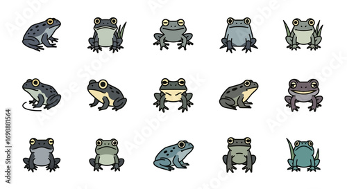 Collection of Various Cartoon Frogs in Different Poses and Styles, Vector Illustration.