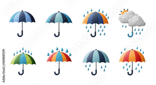 Colorful Cartoon Umbrellas in Various Styles, Representing Rainy Weather Conditions.
