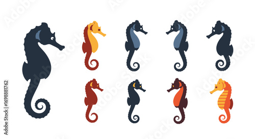 Diverse stylized seahorse illustrations in dark blue, orange, and red hues with distinctive curled tails.