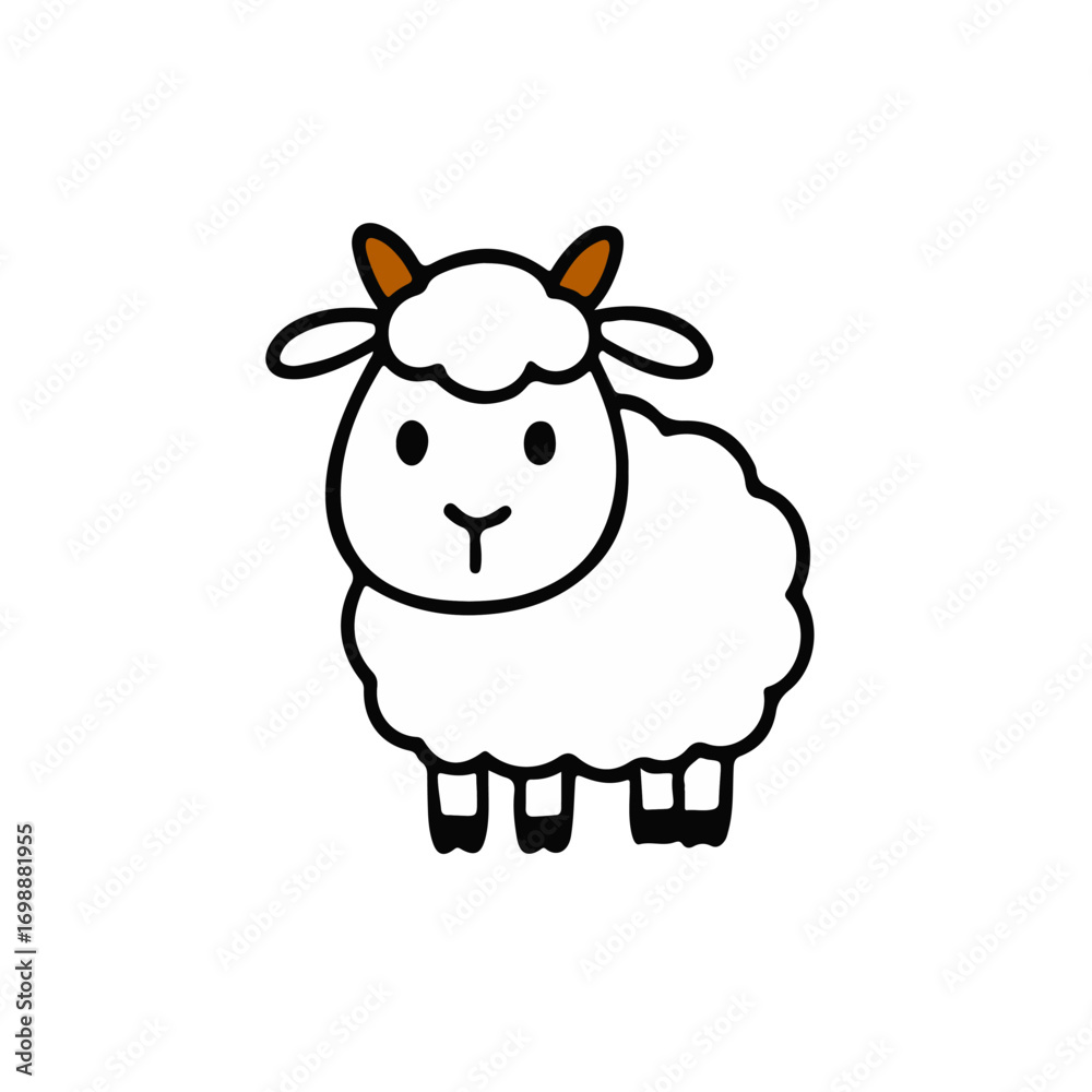 Fototapeta premium Cute Cartoon Sheep with Small Horns – Kawaii Farm Animal. Simple cartoon sheep with small horns and fluffy wool. Perfect for kids illustrations, farm graphics, stickers, and adorable doodle 