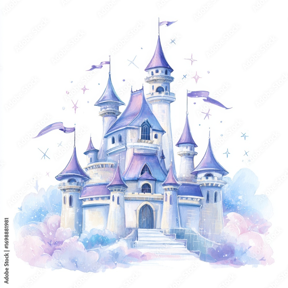 Fototapeta premium Fantasy castle with dreamy towers and sparkly accents set in soft blue and lavender tones 